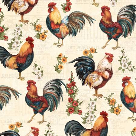 Garden Gate Roosters - Cream Large All Over
