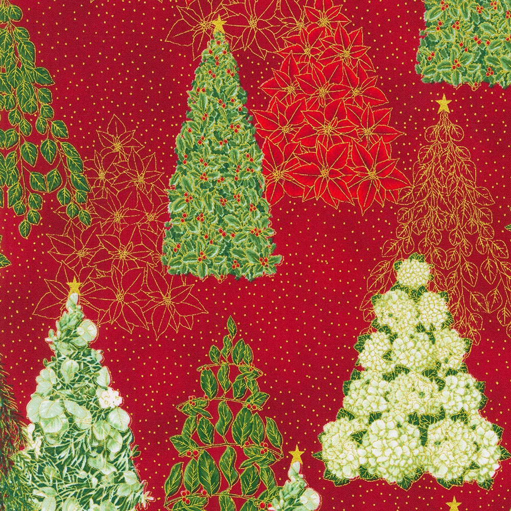Holiday Flourish Snow Flower - Crimson Trees w/ Gold Metallic Accents